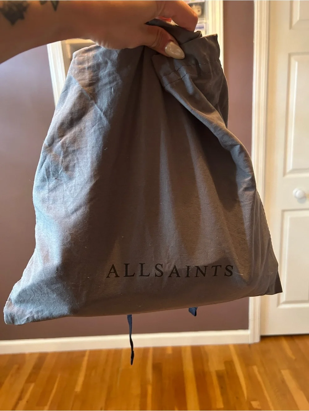 All Saints Black Leather Crossbody Bag with Silver Chain